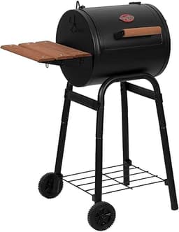 Char-Griller® Patio Pro Charcoal Grill and Smoker with Cast Iron Grates, Premium Wood Shelf and Damper Control, 250 Cooking Square Inches in Black, Model E1515